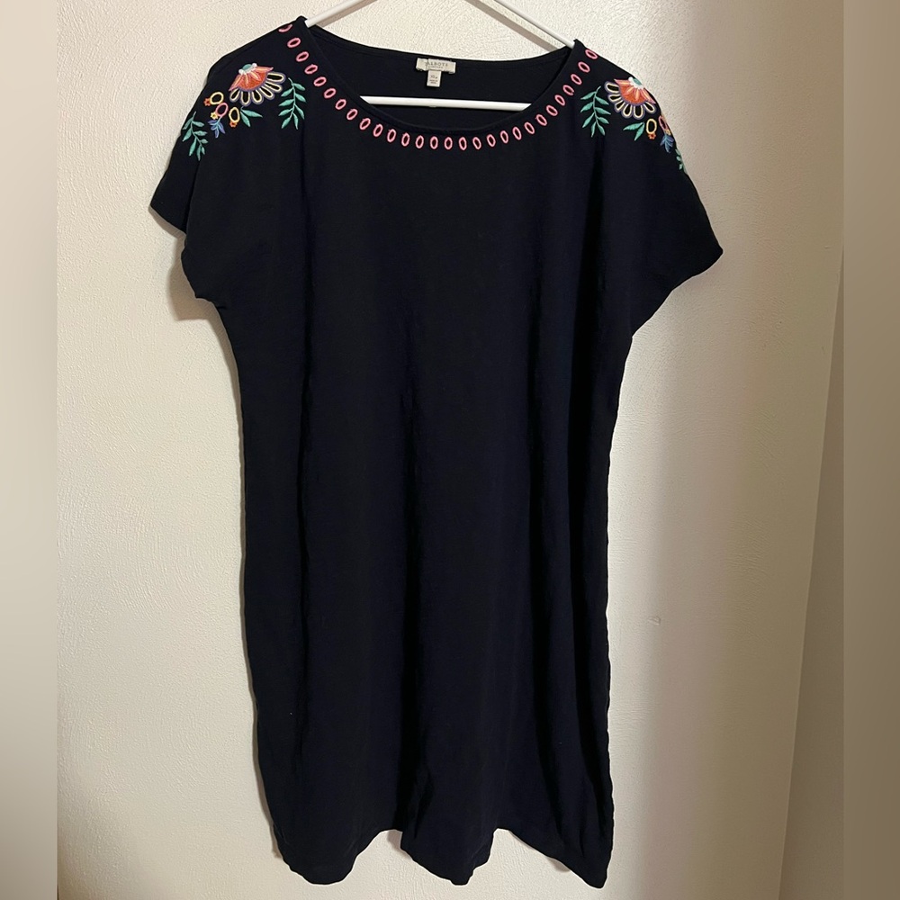 TALBOTS Classic Embroidered Floral Shift Dress Navy Blue Pink Green‎ Women's XLP